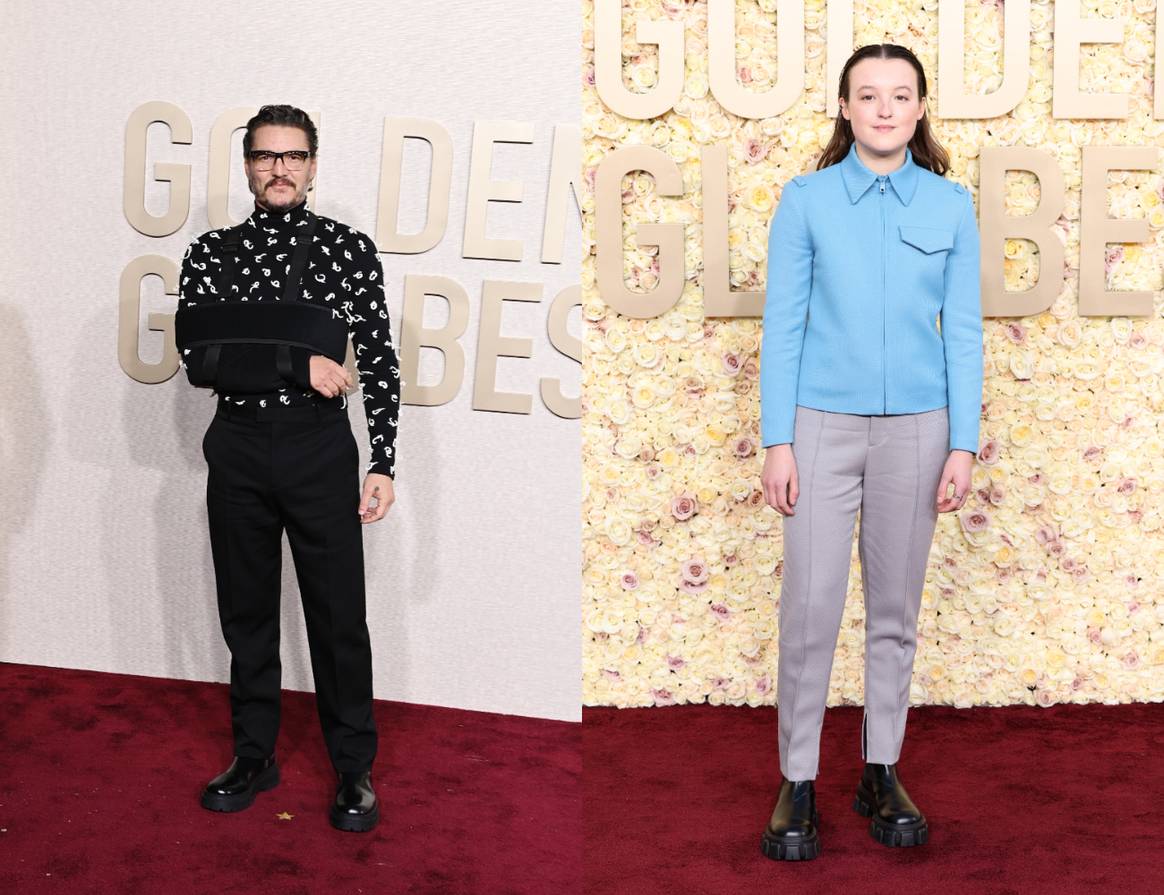 Pedro Pascal in Bottega Veneta and Bella Ramsey in Prada.