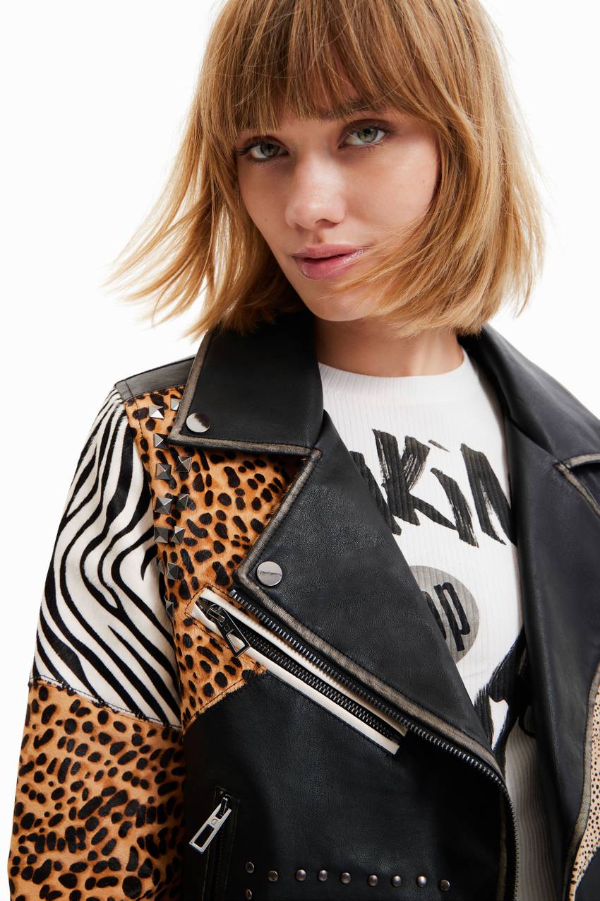 ジャケット・アウター MM22 ITALYMODE LEOPARD DEERSKIN JACKET Animal print biker jacket | Desigual