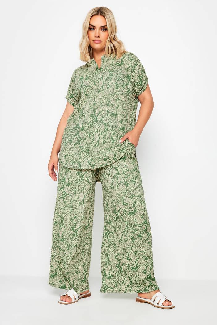 Broek Met Paisley Print Met Textuur En Elastische Taille In Groen, Dames Curve & Grote Maten Kleding, Yours | Yours