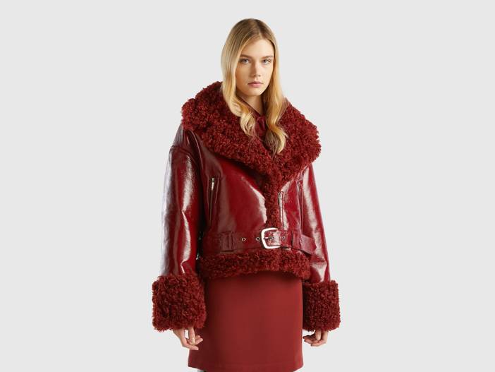 Benetton, Biker Aus Beschichtetem Stoff Und Kunstfell, größe XL, Bordeaux, female | United Colors of Benetton