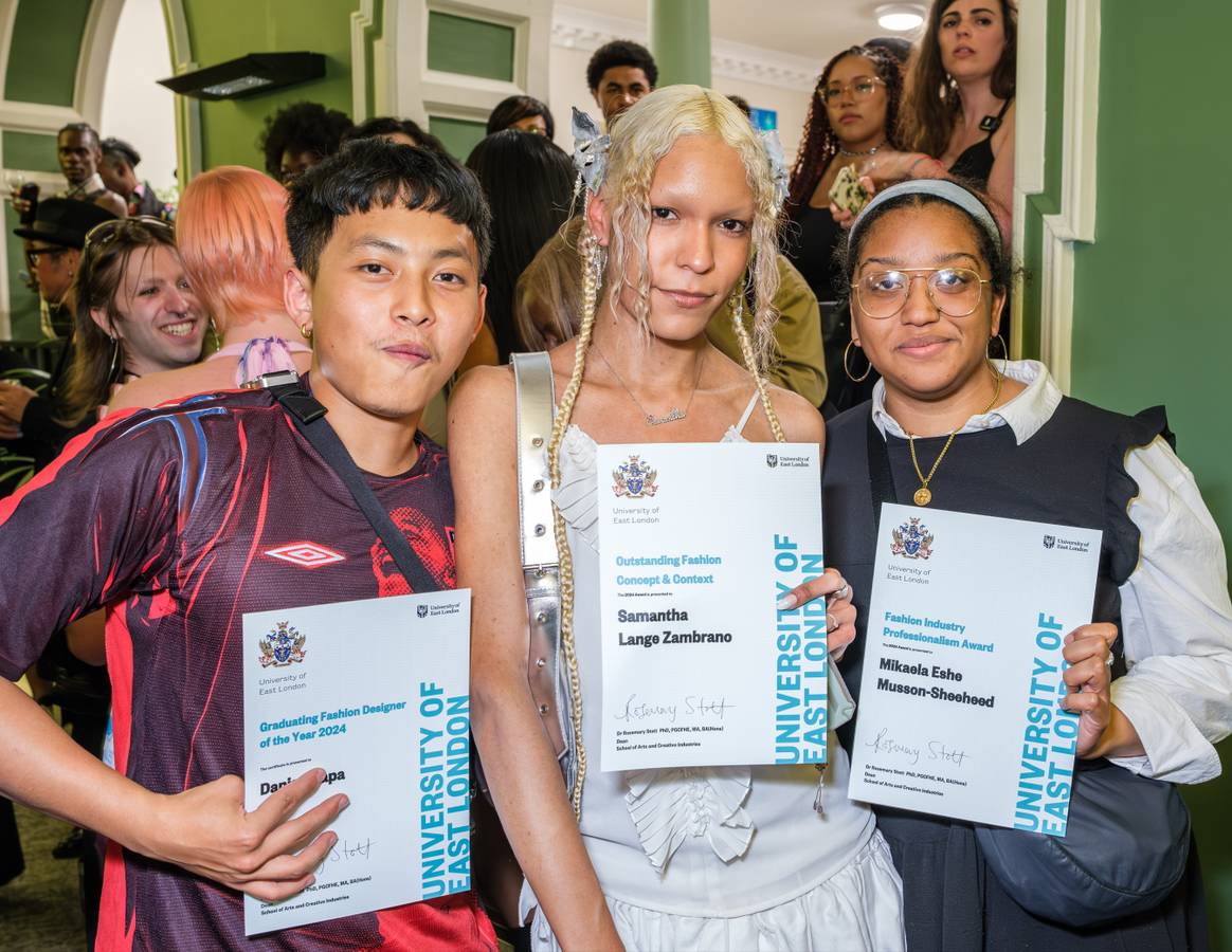 Winners Danis Thapa, Samantha Lange Zambrano and Mikaela Eshe Musson-Sheeheed, University of East London grduation show. LFW menswear June 2024.