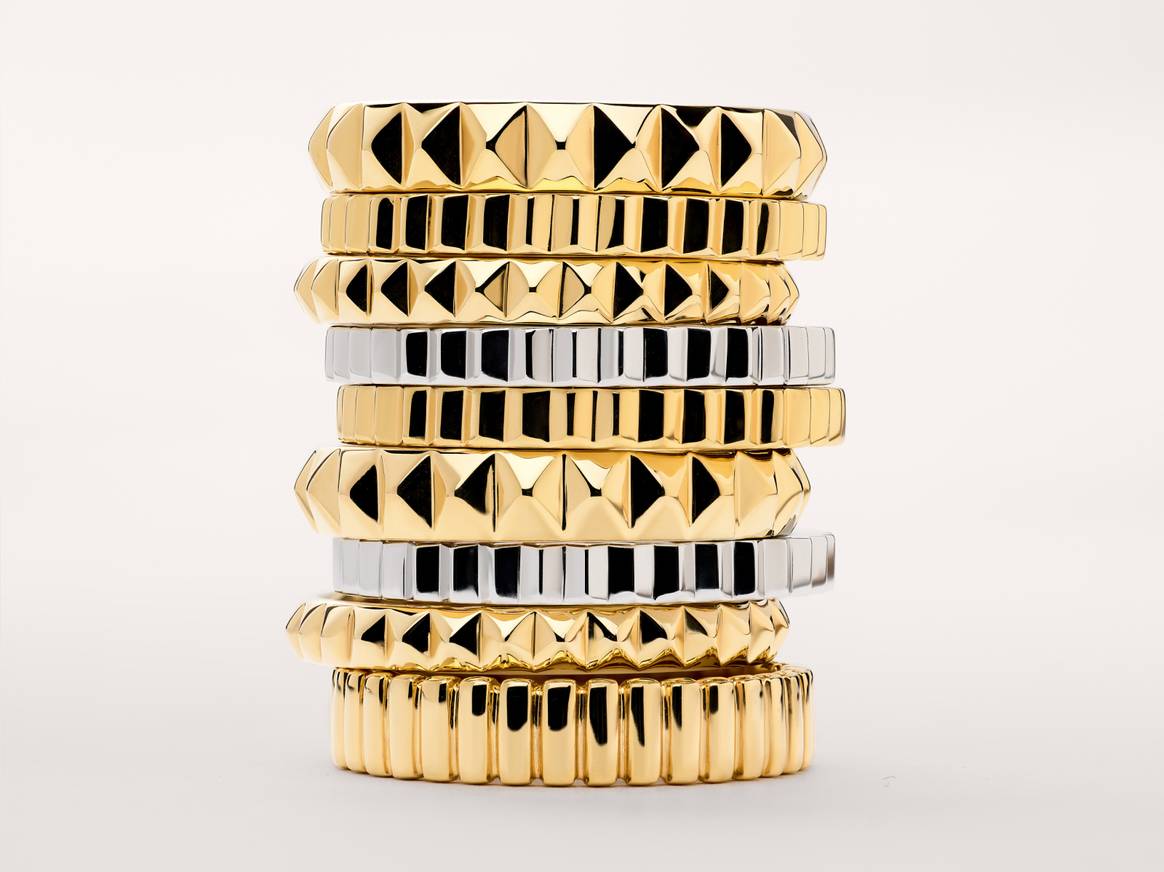 Stackable rings from Ana Luisa'a new Voyager collection, made from 100% recycled gold