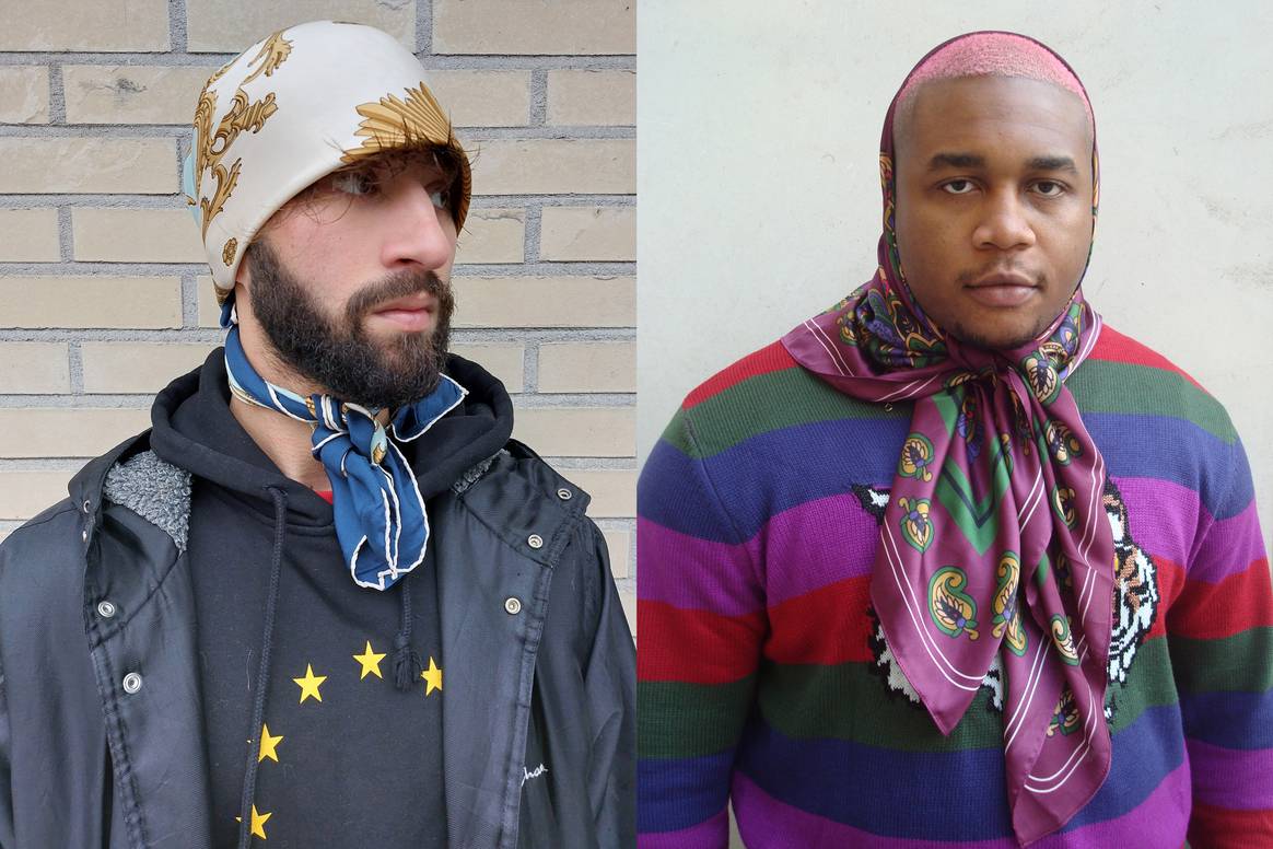 Fotografía de streetstyle por Edwin van den Hoek en Ámsterdam (izquierda) y Nueva York (derecha).  "Los hombres están usando bufandas clásicas de Hermès. Aquí están jugando con la tradición y el género," dijo Van den Hoek. Créditos: propiedad de Edwin van den Hoek