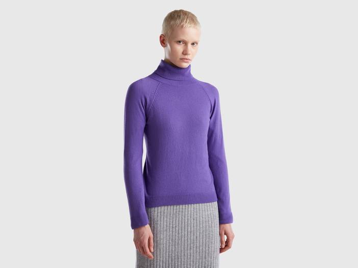 Benetton, Rollkragenpullover In Einer Mischung Aus Wolle Und Cashmere In Violett, größe L, Purpur, female | United Colors of Benetton