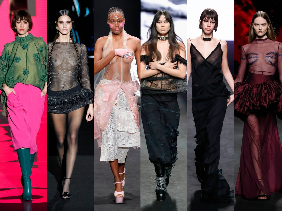 Tejidos transparentes en Lola Casademunt by Maite, Odette Alvarez, Evade House, Adria Egea, Acromatyx y Claro Couture (de izquierda a derecha)