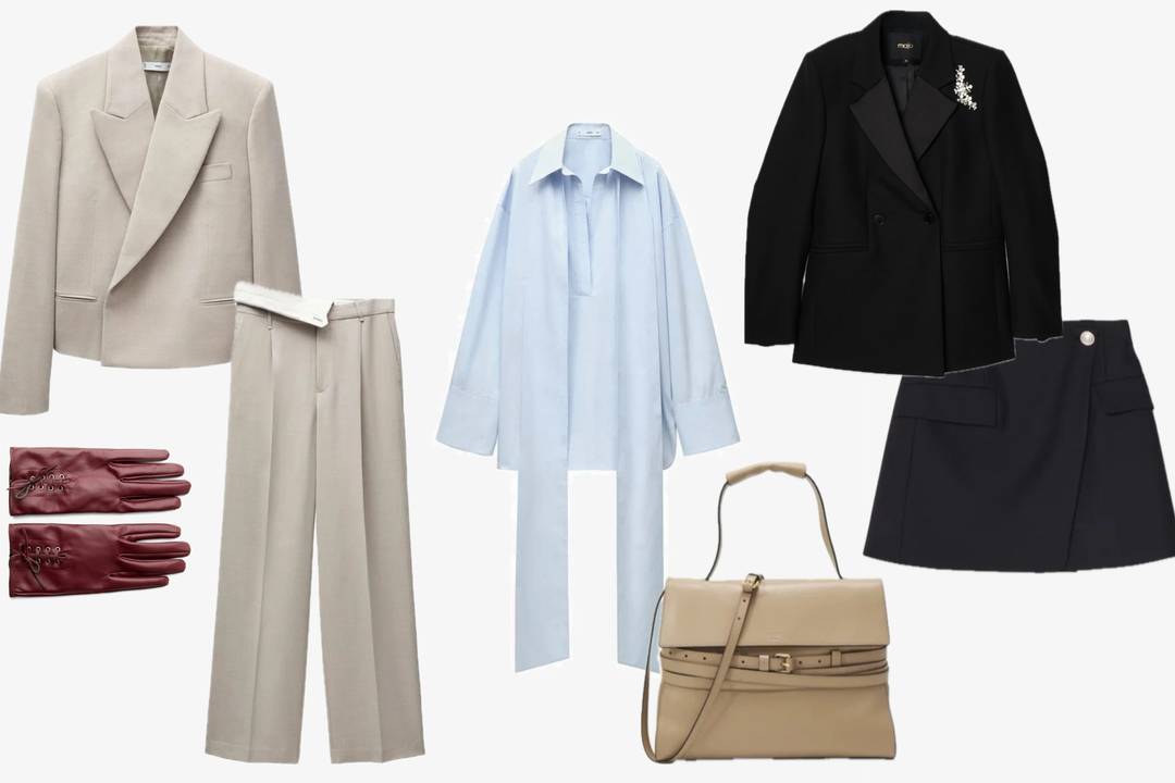 Power Dressing: Beige suit and blue blouse by Mango, gloves by Bershka, black suit by Maje and bag by Moschino.