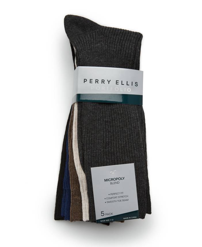 Men's 5 Pack Ribbed Crew Socks in , Polyester/Spandex, Solid, Regular | Perry Ellis