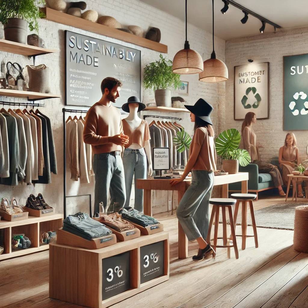 AI-generated image to illustrated a store with sustainably made fashion.