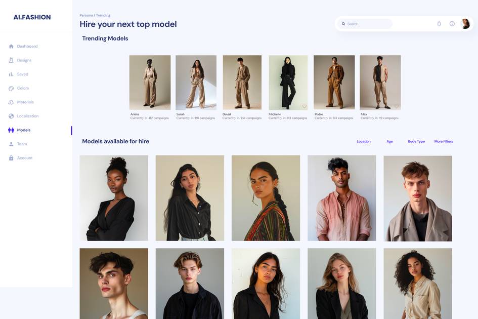 Persona model-selection interface with trending models and models available for hire