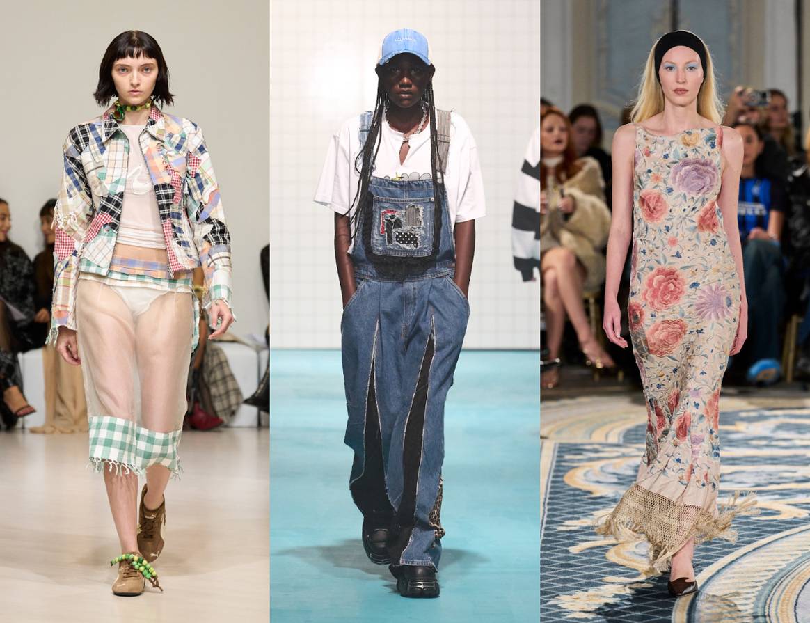Looks de colecciones que utilizaron reciclaje y upcycling: Rave Review SS25, (Di)vision SS25 y Connor Ives FW24.