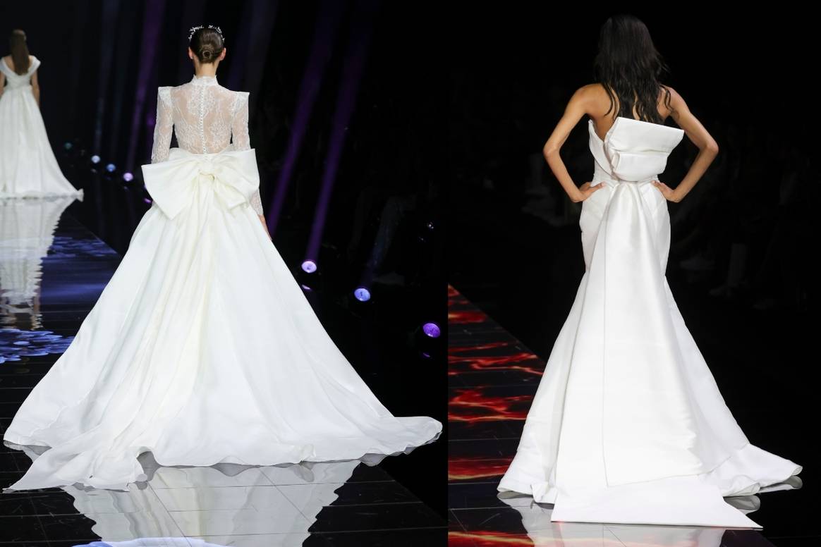 Bows on the runway at Pronovias (left) and Randy Fenoli Bridal. Credit: Spotlight Launchmetrics