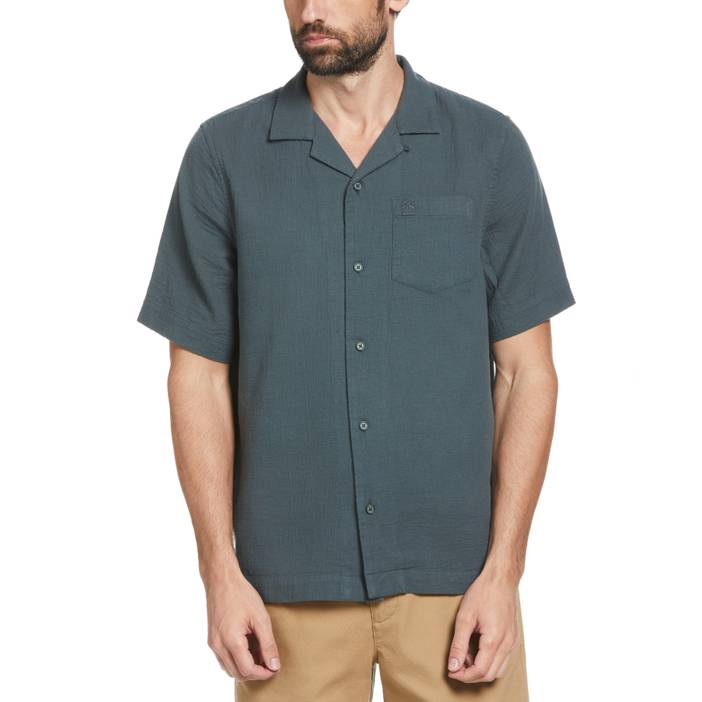 Men's Gauze Tonal Camp Collar Short Sleeves Shirt | Original Penguin