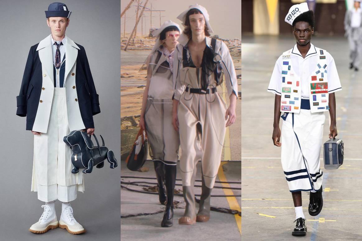 Thom Brown Resort 2022 (links), Foto: Thom Brown | Maison Margiela SS22 (Mitte) und Kenzo SS23 (rechts), Fotos: Catwalkpictures