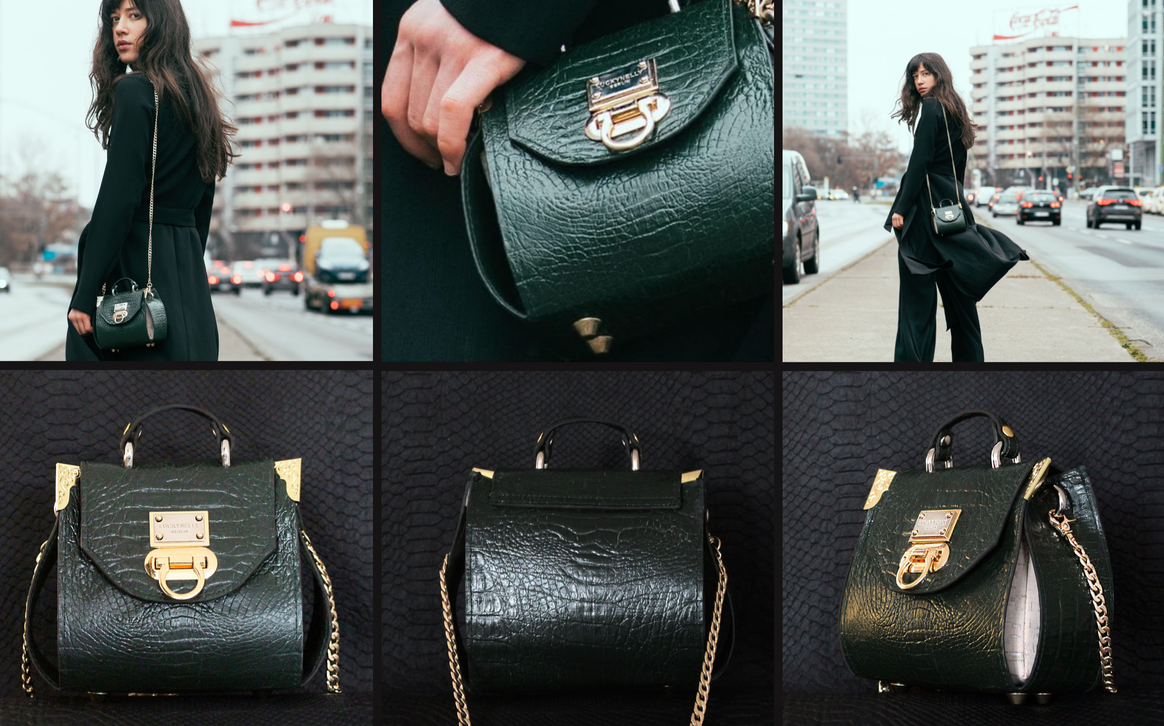 Die neue Luxus-Designer-Handtasche aus lila bis blauem Kork mit Krokoprägung, 24 Karat vergoldeten Details und Regenbogen-Titan-Metallverschluss und Karabinerhaken. Model: Ayleen Tuncer. Bild: Marie Manoc für Luckynelly