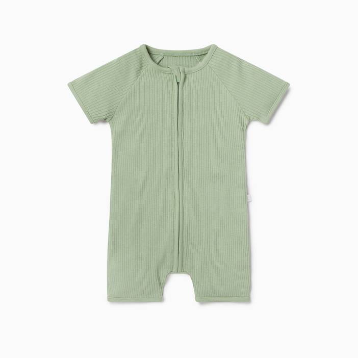 Ribbed Zip Summer Baby Sleepsuit, Baby Boy/Baby Girl, Green, Allergy Friendly Organic Cotton | Mori