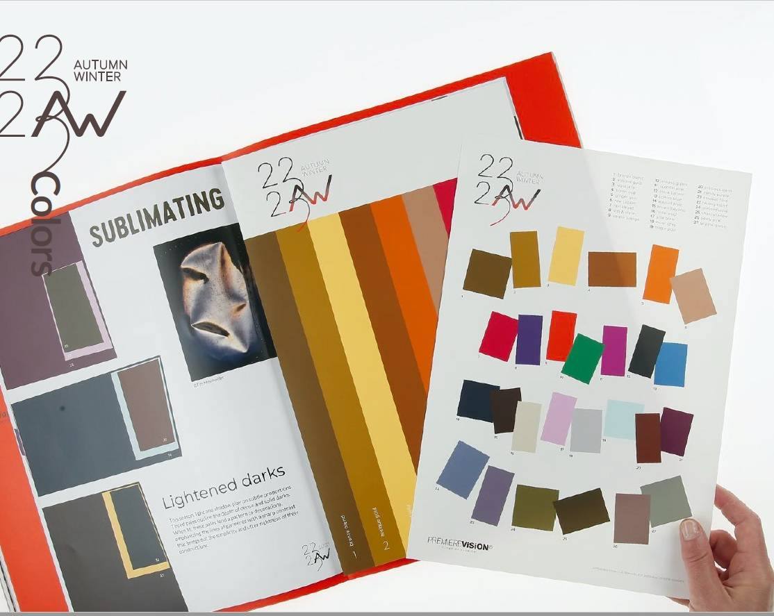 Kleurpalet ter illustratie van de FW22 stoffentrends.
Beeld gemaakt op Premiere Vision, eigendom Kleur & Stijl.