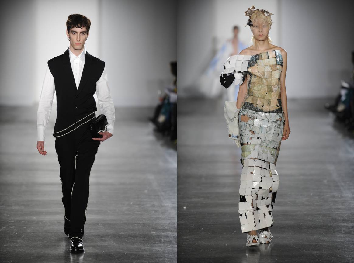 Two looks created by LCF 2023 Master students Xuya Xu (left) and Liwen Liang (right). Images courtesy of London College of Fashion/UAL.