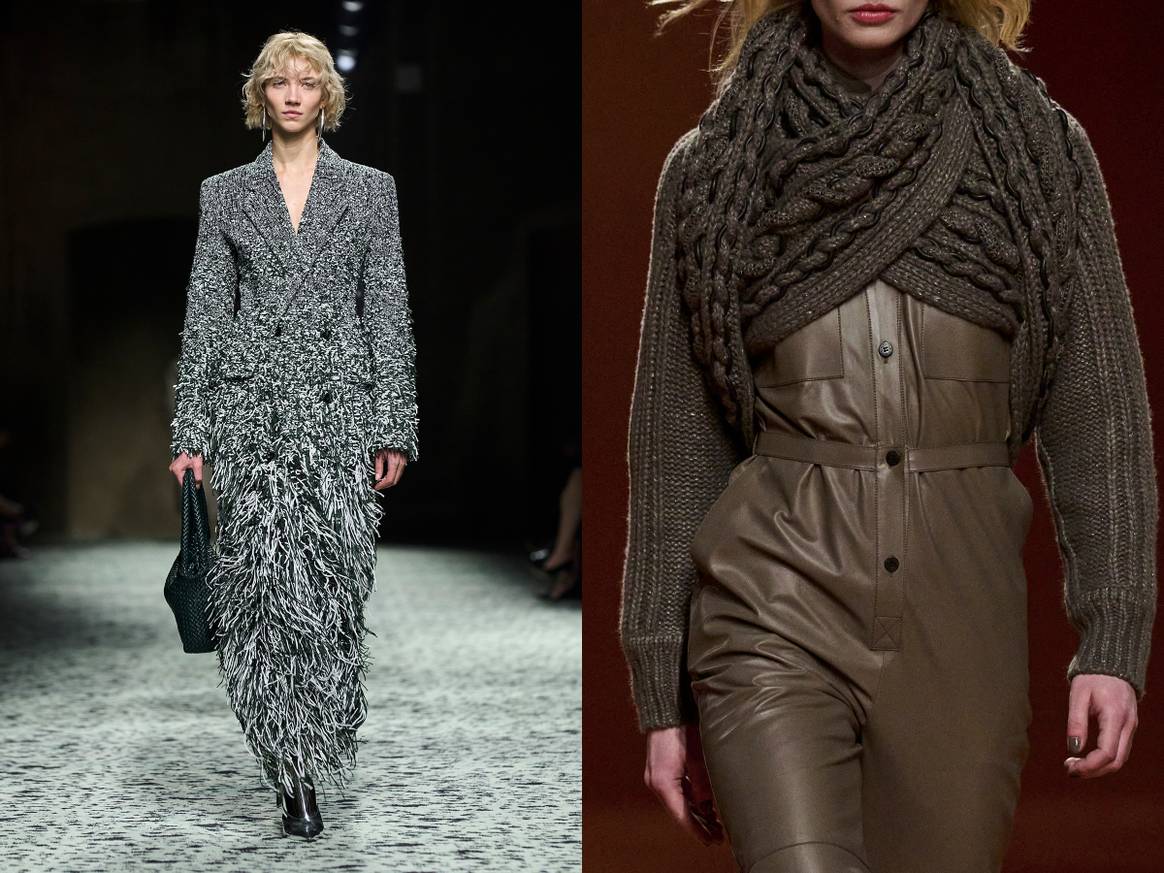 Bottega Veneta H/W 23 Ready to Wear Show in Mailand (links), Hermès H/W 23 Ready to Wear-Show in Paris (rechts). Bild: Launchmetrics Spotlight.