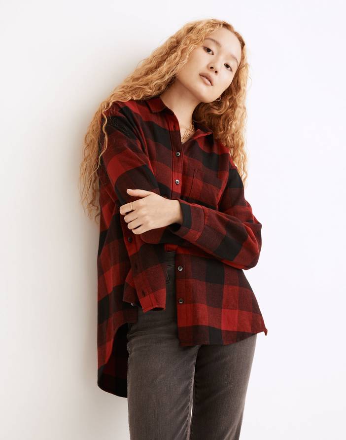 Flannel Side-Button Oversized Ex-Boyfriend Shirt in Buffalo Check | Madewell