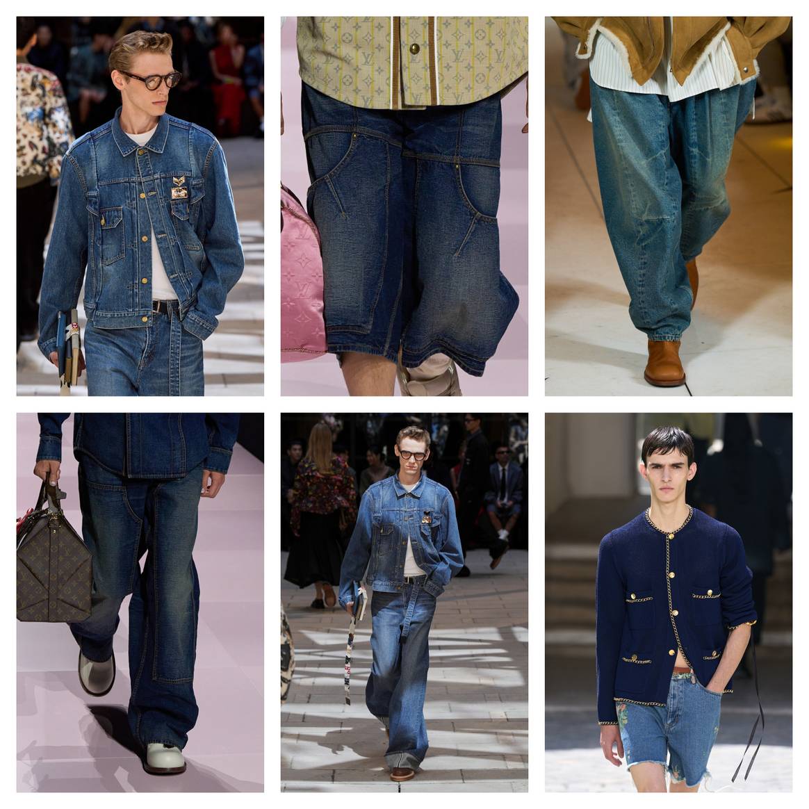 Denim SS26 menswear Spotted on the catwalk. Sacai SS25 Menswear, Louis Vuitton FW25 & Hed Mayner FW25 Menswear on top. Louis Vuitton FW25, Sacai SS25 Menswear & Bed JW Ford SS25 Menswear below.