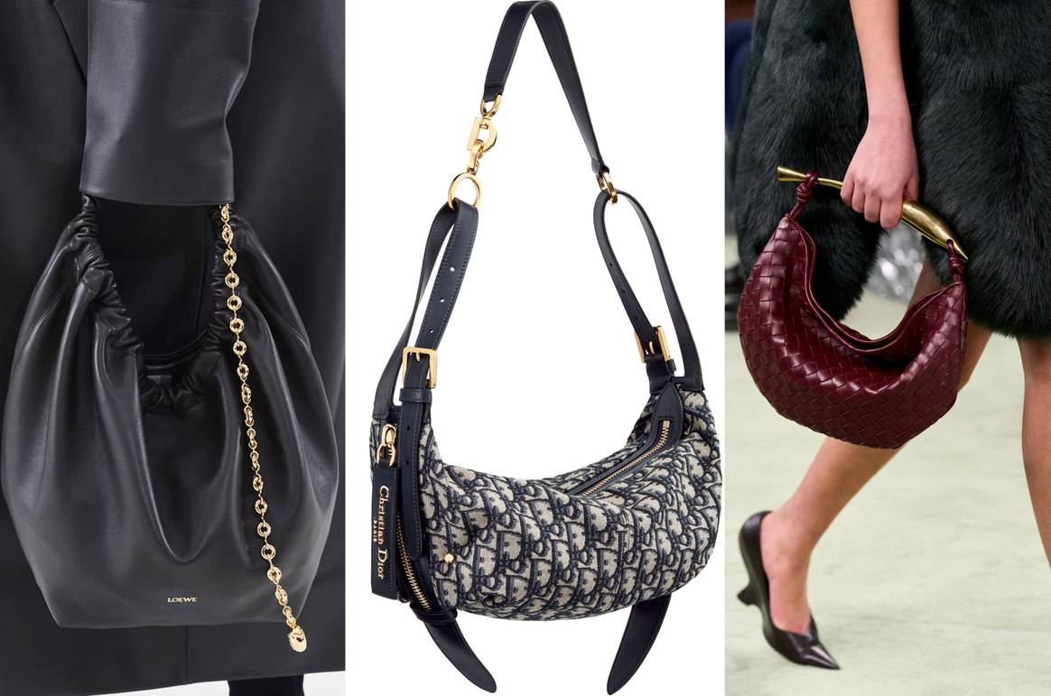 Von links nach rechts: Squeeze Tasche von Loewe, D-Journey von Dior, Sardine von Bottega Veneta.