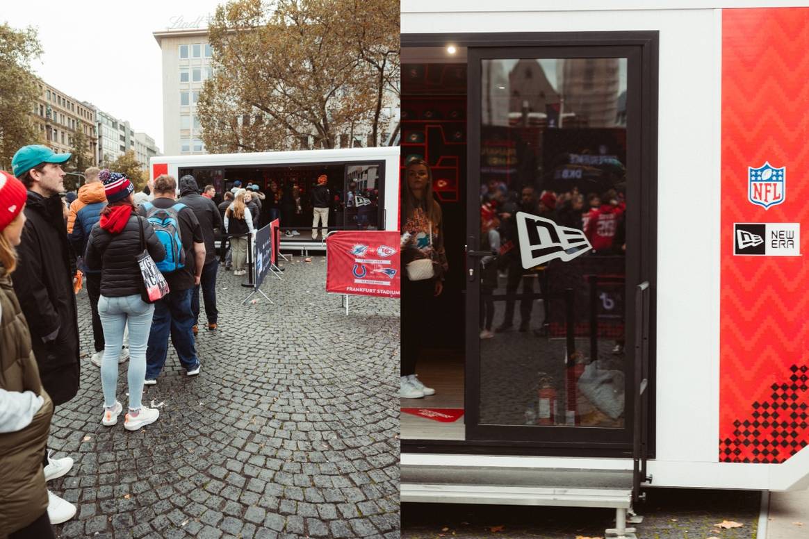 American Football Fans stehen Schlange beim New Era Pop-up in Frankfurt