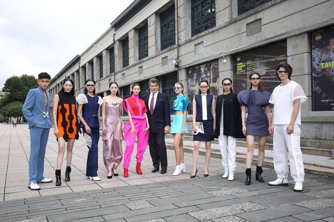 Pierre Cardin chairman Rodrigo Basilicati-Cardin (centre) with models wearing the SS25 collection.