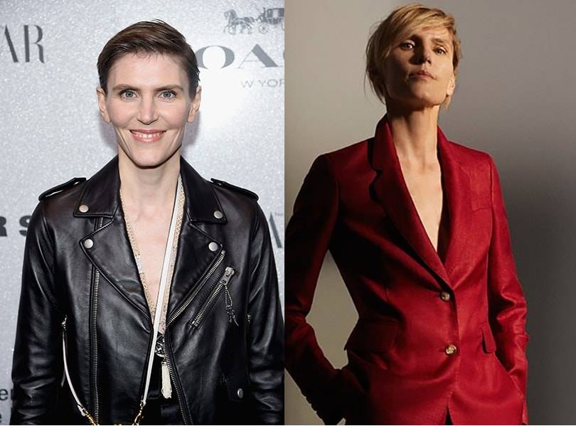 Links: Gabriela
Hearst. Foto: Jamie McCarthy / Getty Images via AFP. Rechts: de
samenwerking van Gabriela Hearst met MyTheresa in 2019. Foto:
MyTheresa