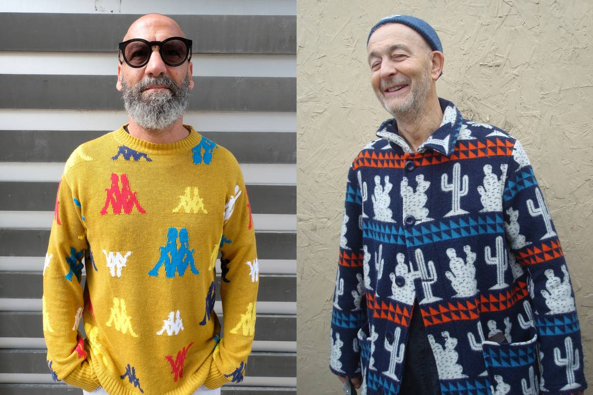 Fotografía de estilo callejero por Edwin van den Hoek en Florencia (izquierda) y Londres (derecha). "Aquí jugamos con gráficos. En general, la moda masculina es muy única. Estos hombres visten ropa con un diseño gráfico, todo completo. diseños." El hombre de la derecha es Nigel Cabourn, un conocido diseñador de moda británico (de la marca Cabourn). Créditos: propiedad de Edwin van den Hoek