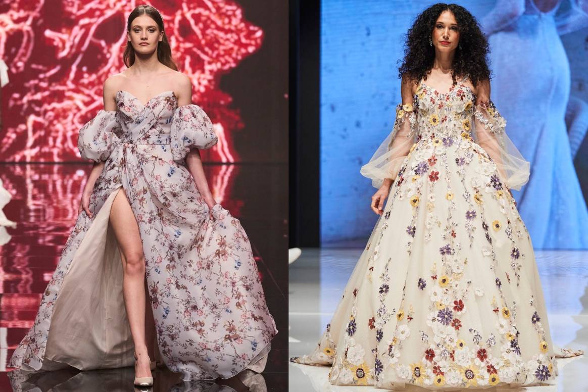 Colourful florals on the runway at Randy Fenoli Bridal (left) and Calla Blanche (right). Credit: Spotlight Launchmetrics