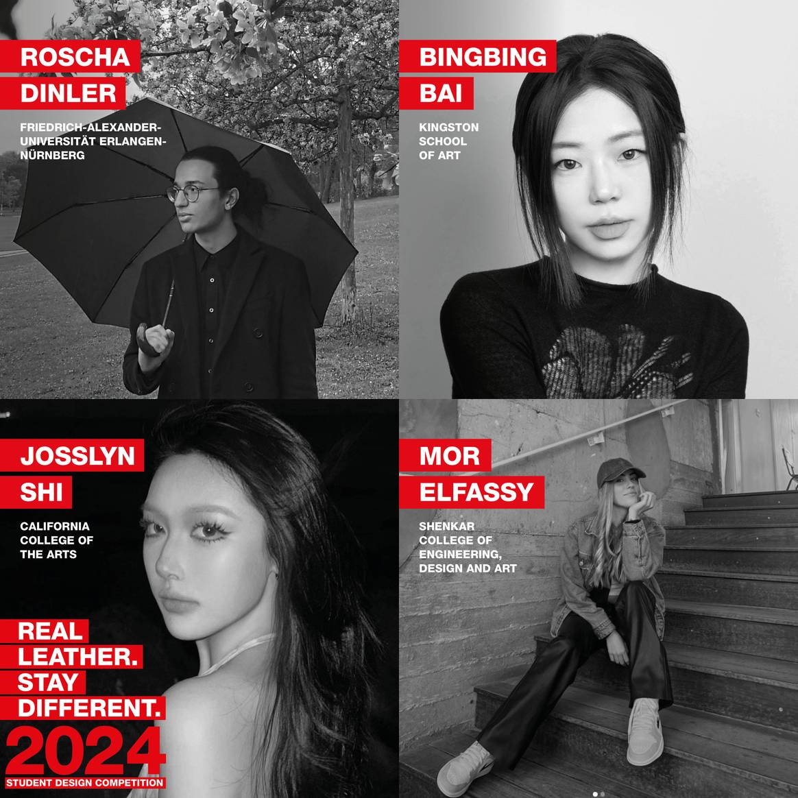 Category winners and overall finalists of ‘Real.Leather.Stay.Different.’ international student design competition 2024.