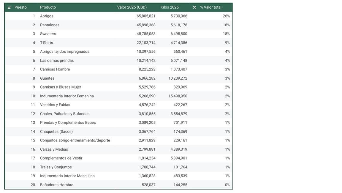 Veinte categorías de prendas más importadas en Argentina.
