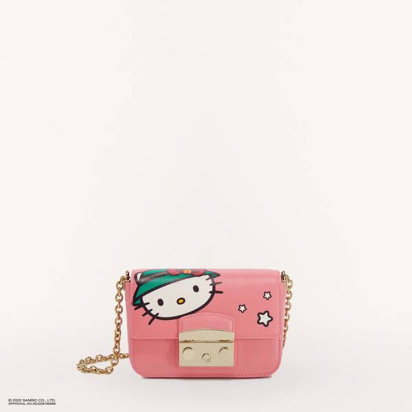 Metropolis Crossbody Mini Toni Geranium Pink Ares Textured Leather With Hiking Hello Kitty Print Woman | Furla