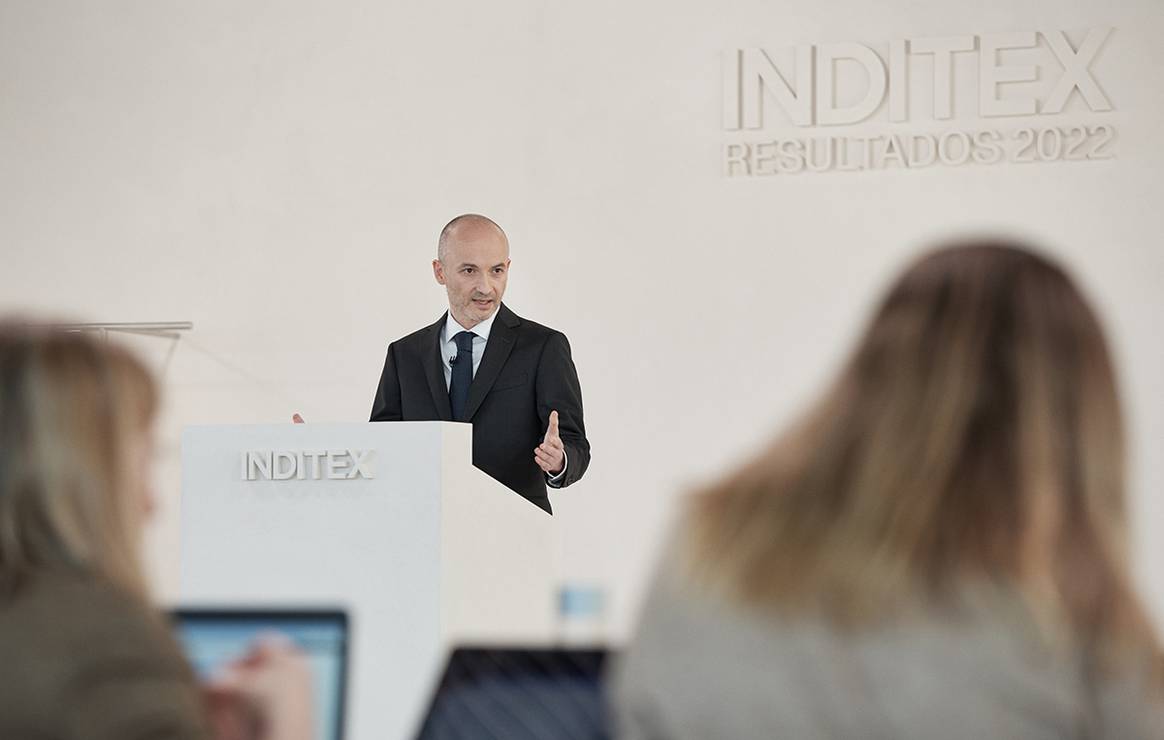 Photo Credits: Óscar García Maceiras, consejero delegado de Inditex, durante la rueda de prensa celebrada en la sede del Grupo en la localidad gallega de Arteixo. Fotografía de cortesía.