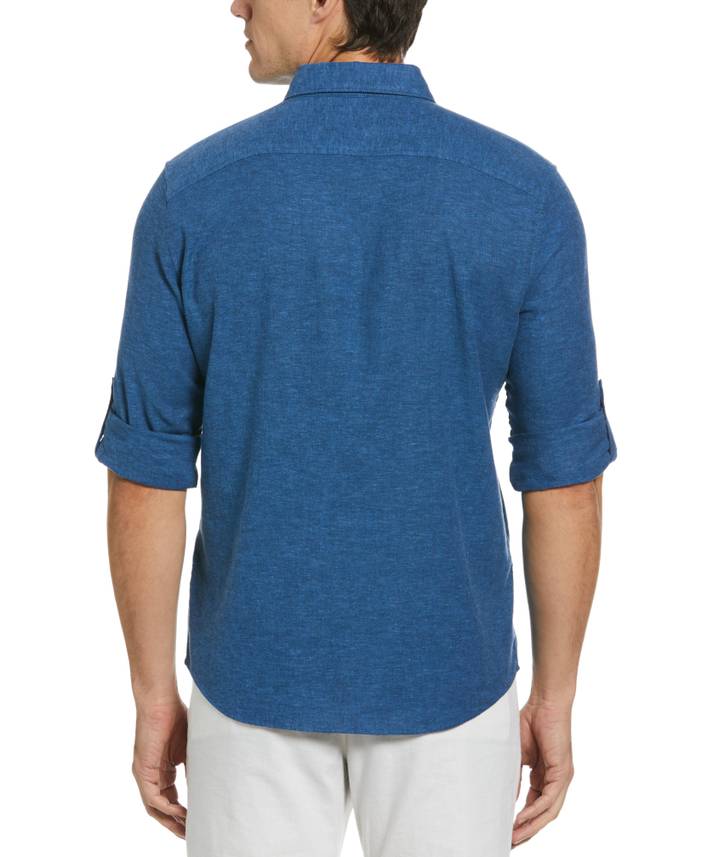 Men's Untucked Slim Fit Linen Blend Rolled Sleeve Shirt in Delft/Blue, Size XL, Cotton/Elastane/Viscose, Solid | Perry Ellis
