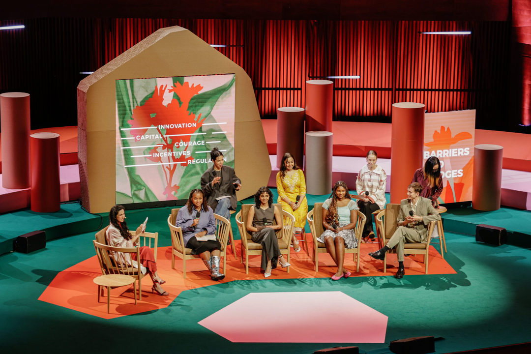 NextGen cohort 2025: Maya Caine, Mel Corchado, Vibhuti Amin, Sanya Singh, Elise Giselle Dauterive, Bronte Contador-Kelsall, Rory Frost and Thu Le (from left to right) with moderator Aditi Maya (far left)