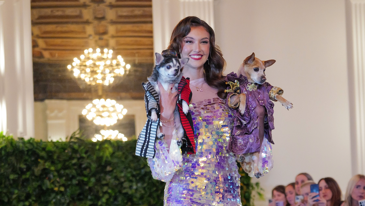 Bogie, one of Rubio’s two adopted chihuahuas, as Janelle Monáe in Thom Browne on the left.