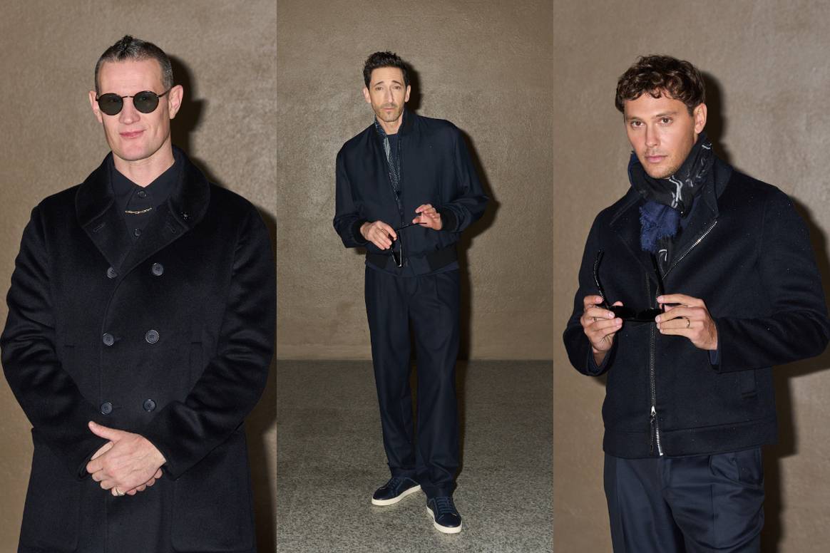 De izquierda a derecha. Adrien Brody, Matt Smith y Cooper Koch en Giorgio Armani Fall Winter 2025, Menswear.