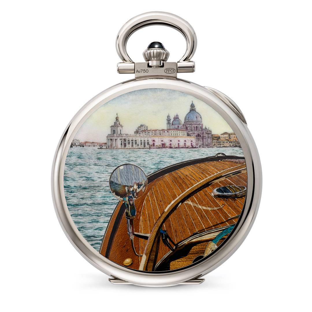 “Venetian Cruise”, orologio da taschino, intarsio ligneo e pittura in miniatura su smalto
