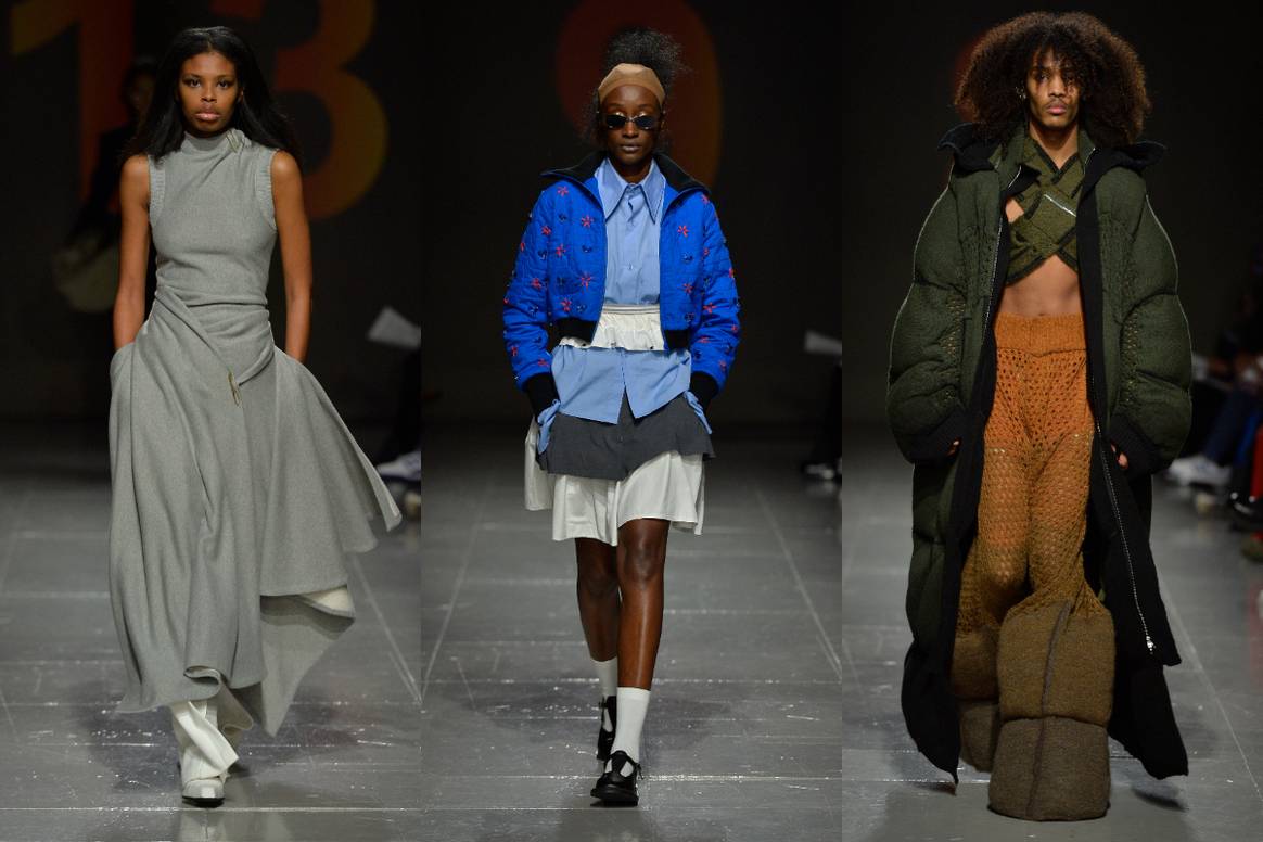 Looks presented by the Central Saint Martins graduating class at LFW AW23. From left to right, designs by: Canada Goose Humanature Award winner 2023 Chié Kaya, Nomvelo Dlamini and Oscar Ouyang.