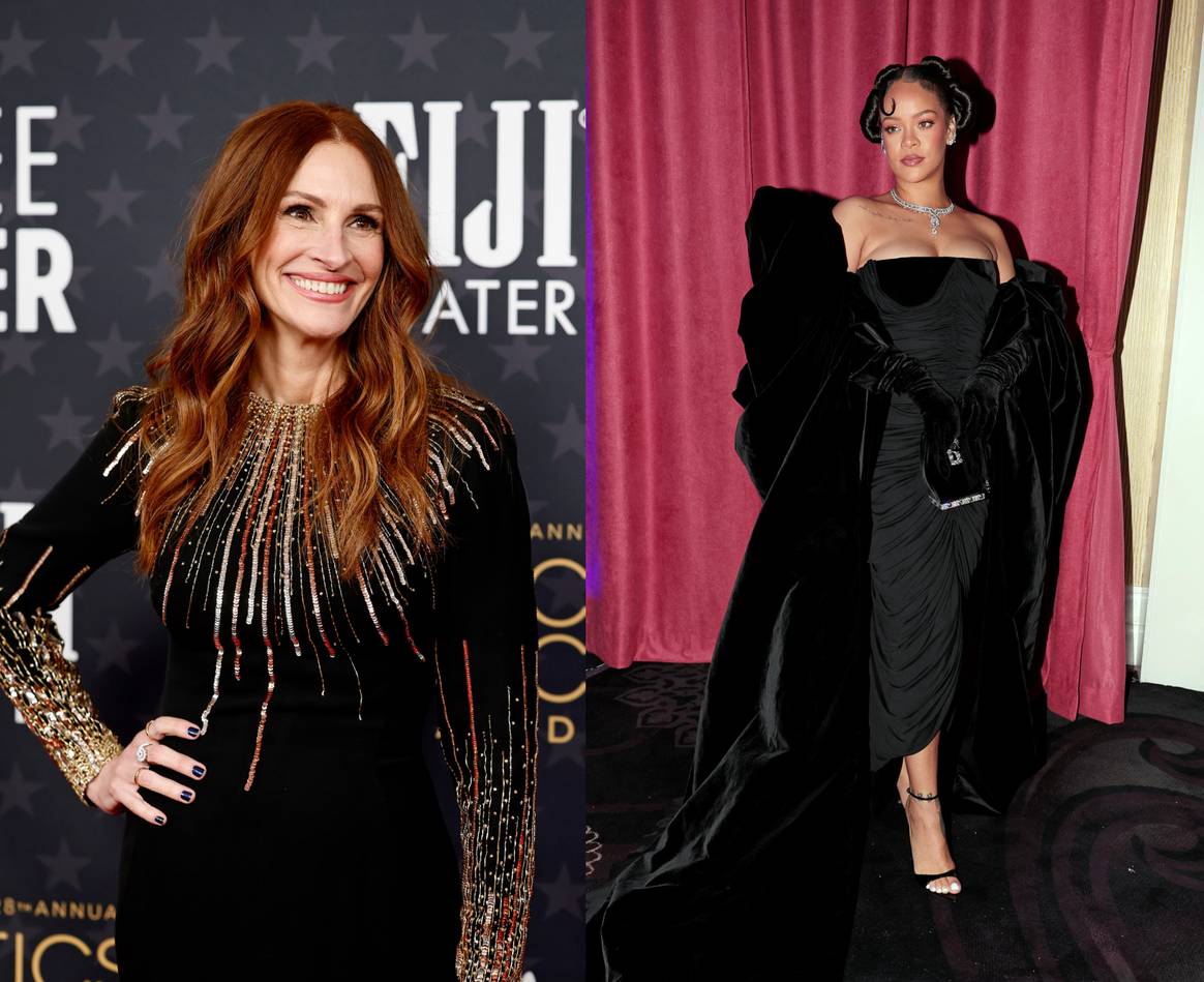 De g. à dr. : L'actrice Julia Roberts en robe Schiaparelli Haute Couture lors des Critics Choices Awards en 2023 / La chanteuse Rihanna en robe bustier Schiaparelli pour les Golden Globe Awards en 2023. Crédits photo : Schiaparelli