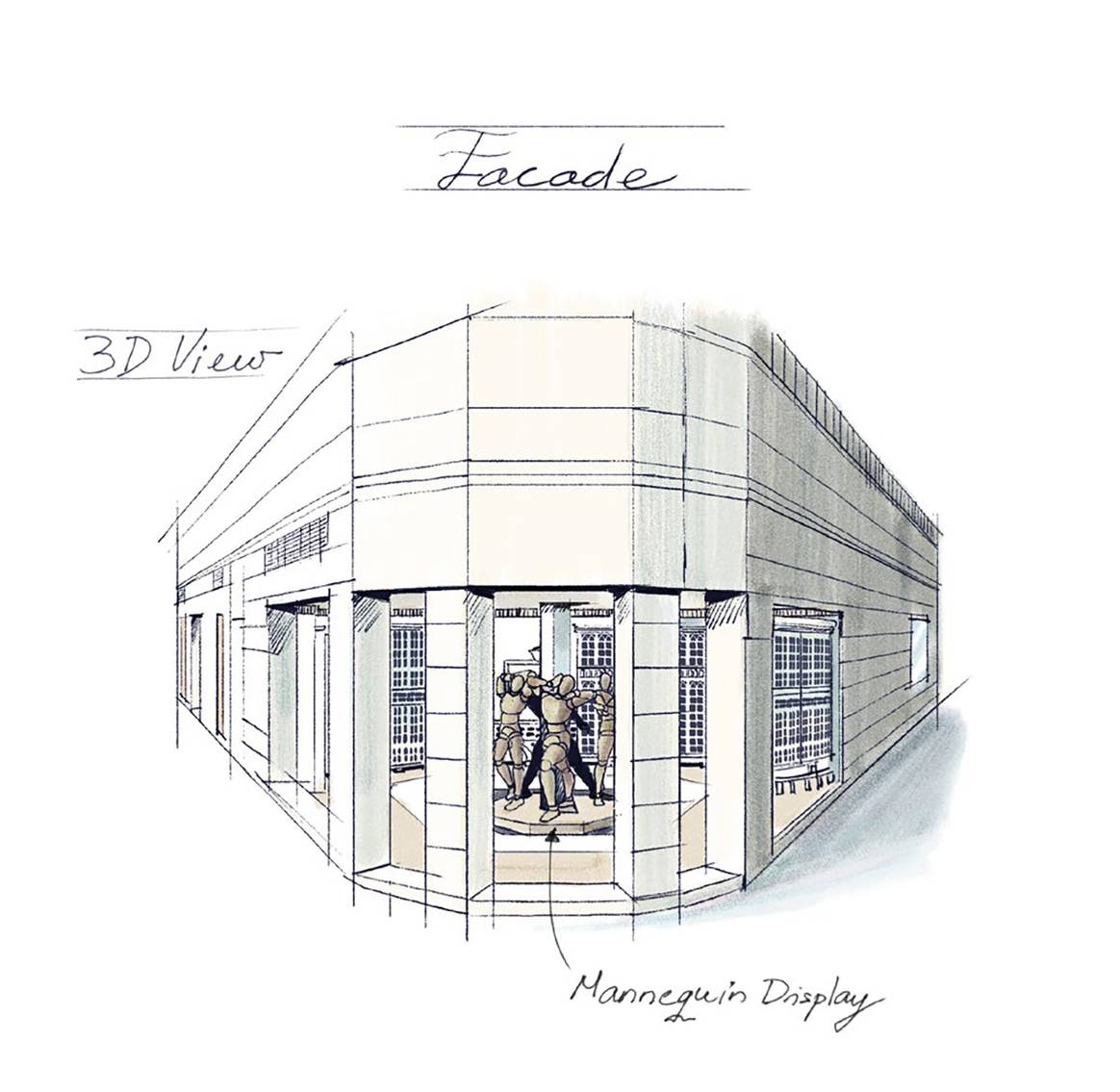 Sketch of the renovation project of the Zara store in the Juan Flórez street in La Coruña (Spain).