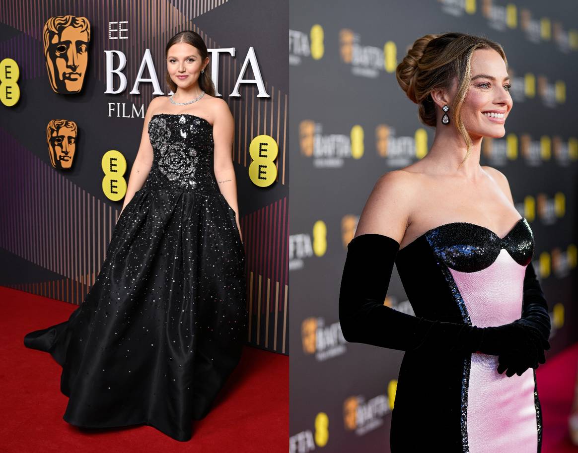 Mia McKenna-Bruce in Carolina Herrera and Margot Robbie in Armani.