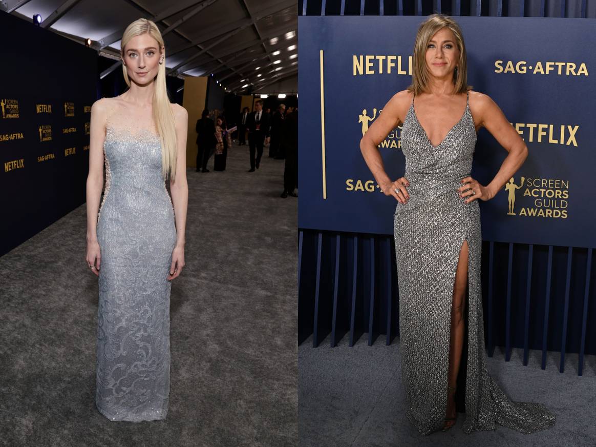Elizabeth Debicki (left) in a beaded gown by Armani Privé and Jennifer Aniston in a silver Celine dress