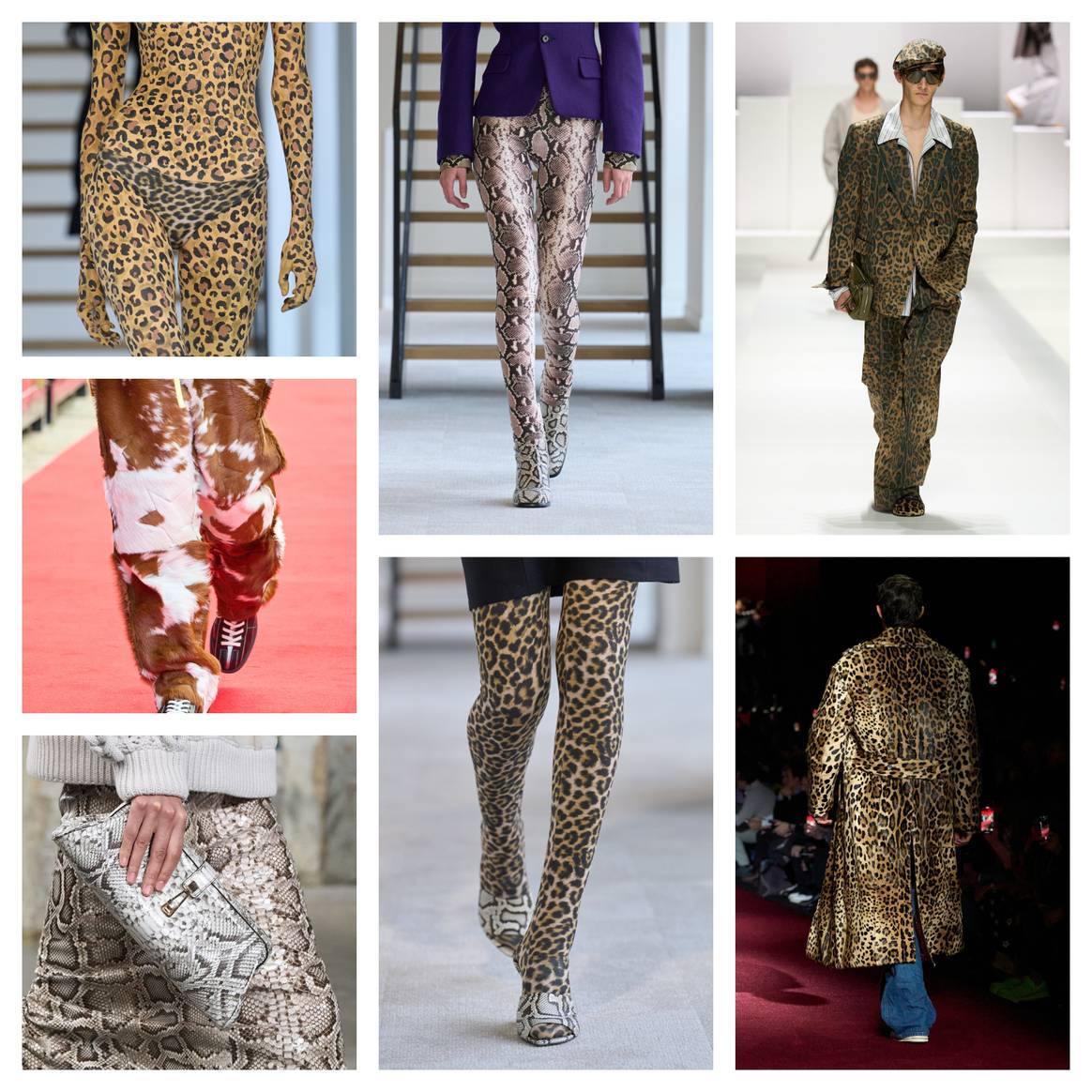 Dierenprints: Duran Lantink FW25 (3x) de kousen en handschoenen foto, Gabriela Hearst FW25 Ready to Wear handtas in pythonprint, Dolce&Gabbana SS26 Menswear & Dolce & Gabbana FW25 menswear en Kenzo SS26 Menswear harige koeienprint broek.