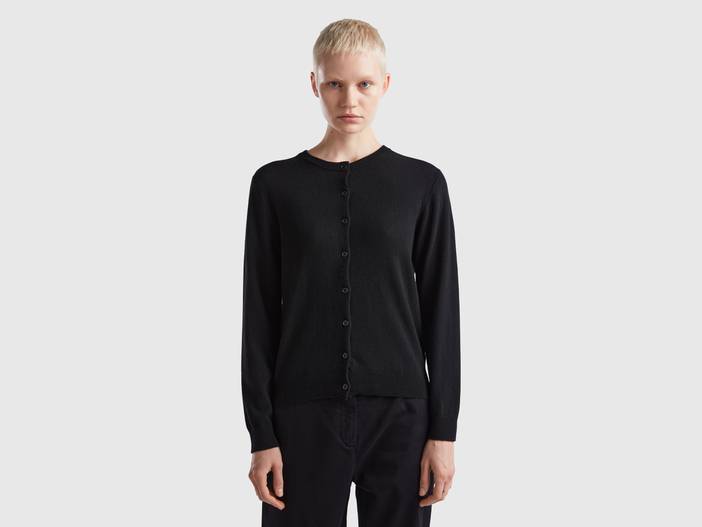 Benetton, Strickjacke In Einer Mischung Aus Wolle Und Cashmere In Schwarz, größe L, Schwarz, female | United Colors of Benetton