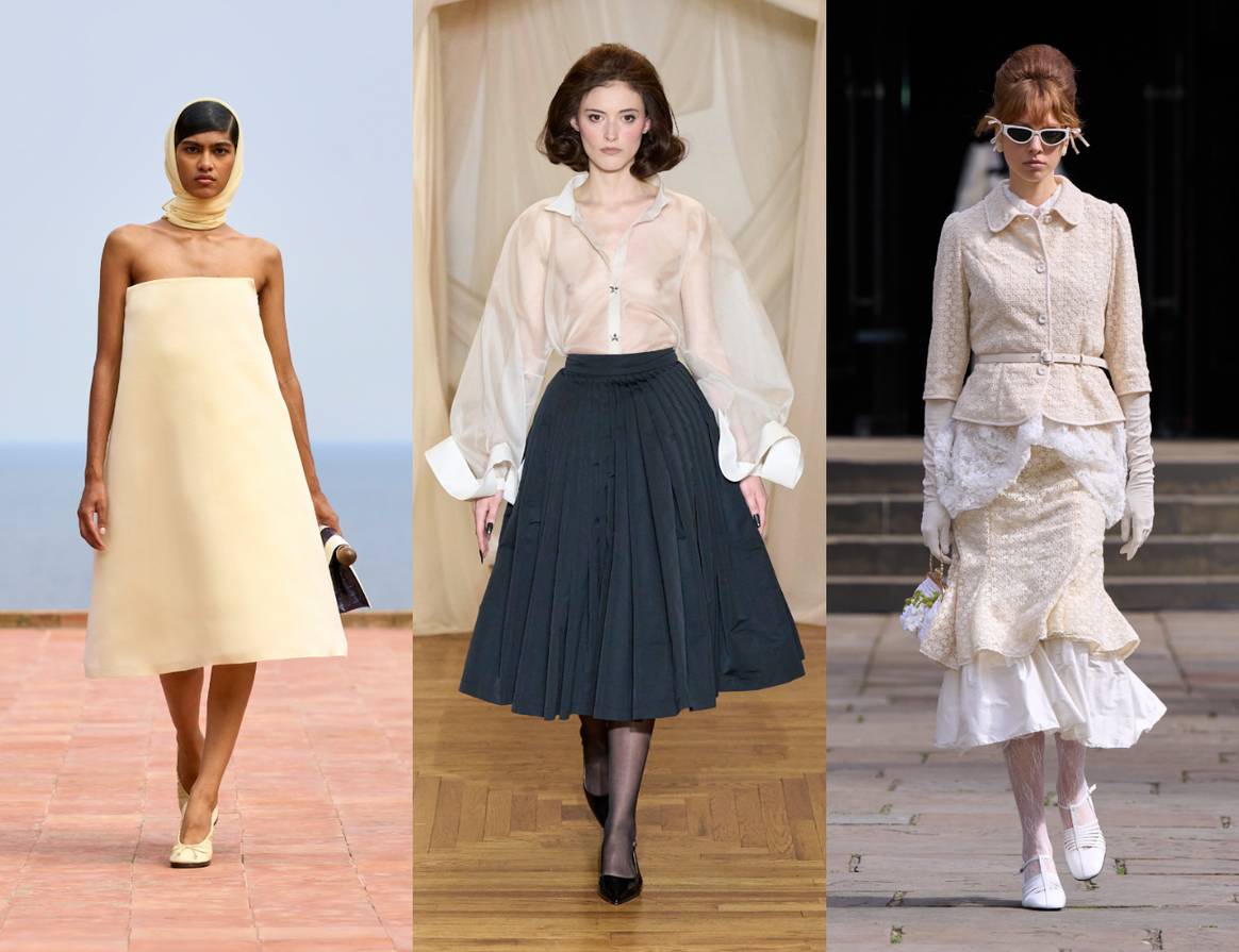 Tendencia 'Trad Wife' en pasarelas: Jacquemus FW24, Christian Cowan FW24 y Bora Aksu SS25.