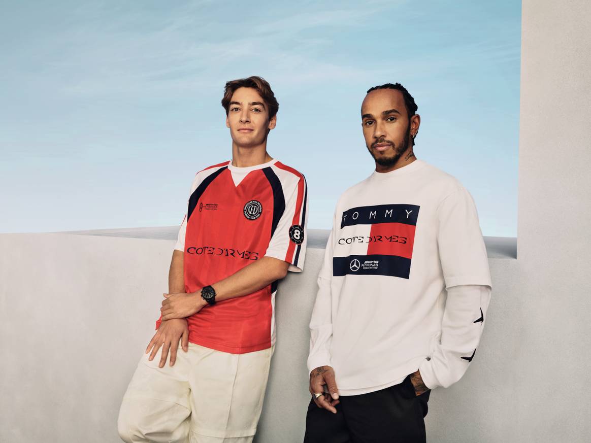 Tommy X Mercedes-AMG F1 X Clarence Ruth campaign featuring F1 drivers George Russell and Lewis Hamilton