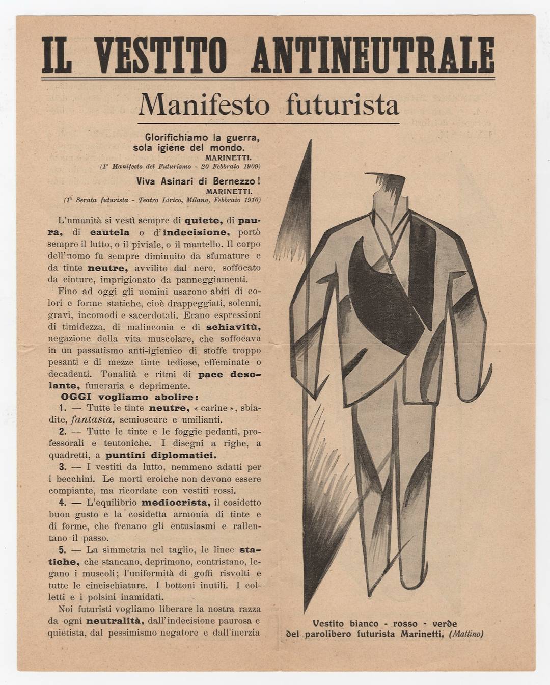 Giacomo Balla, Il Vestito Antineutrale. Manifesto futurista, Milano, Direzione del movimento futurista, 11 settembre 1914, Mart, Archivio di Nuova Scrittura, Donazione Paolo Della Grazia