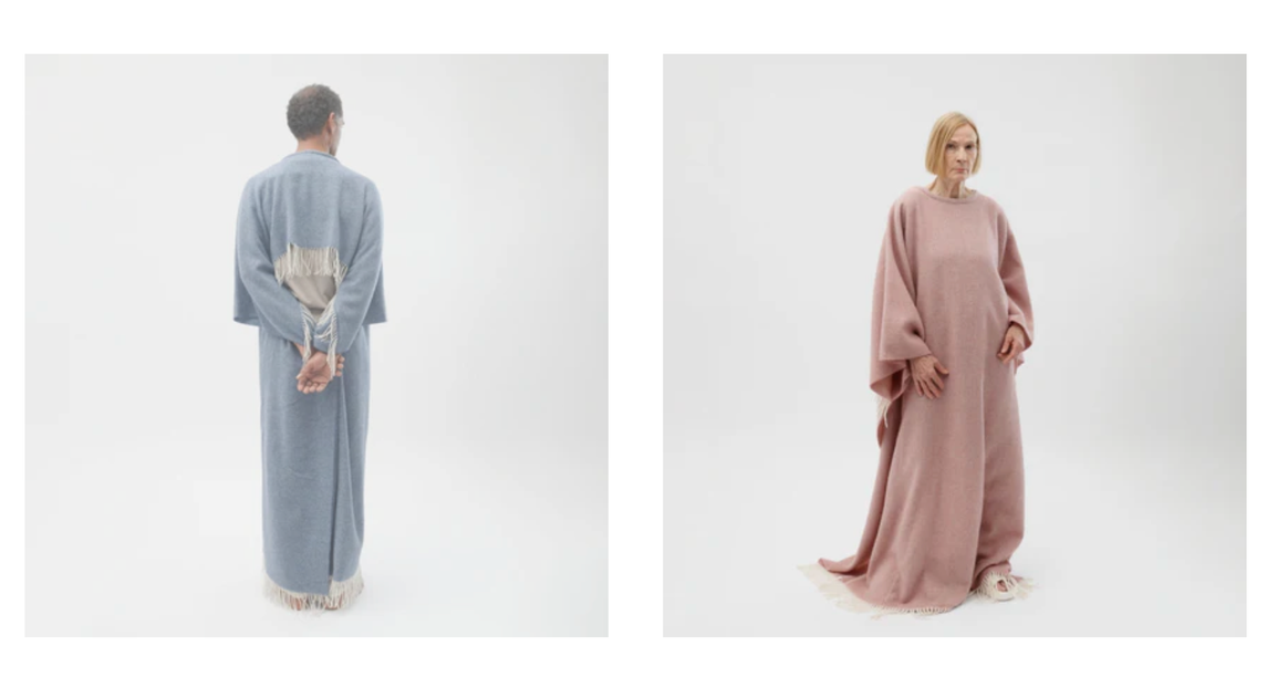 The blanket cape is made of 90 percent wool and 10 percent cashmere and is made in Ukraine.
